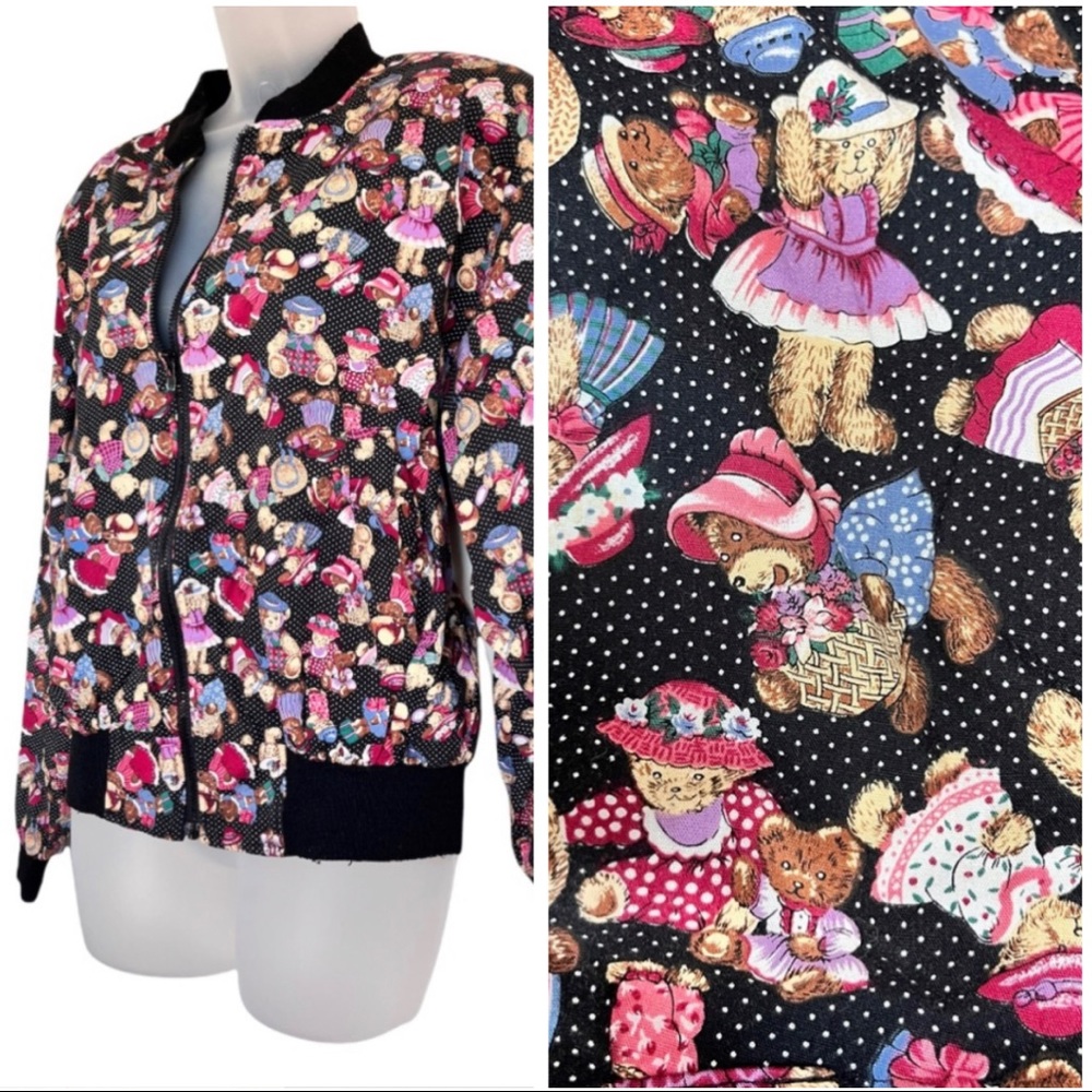 Vintage Teddy Bear Novelty Print Bomber Jacket Zip Up Size Small